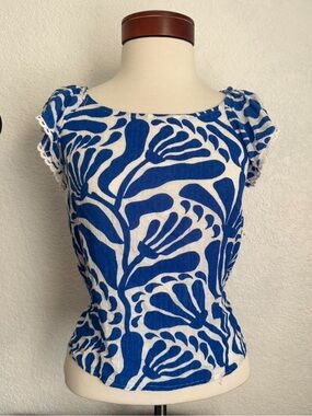 Christian Siriano Blue White Floral Print Euro Coastal Summer‎ Top